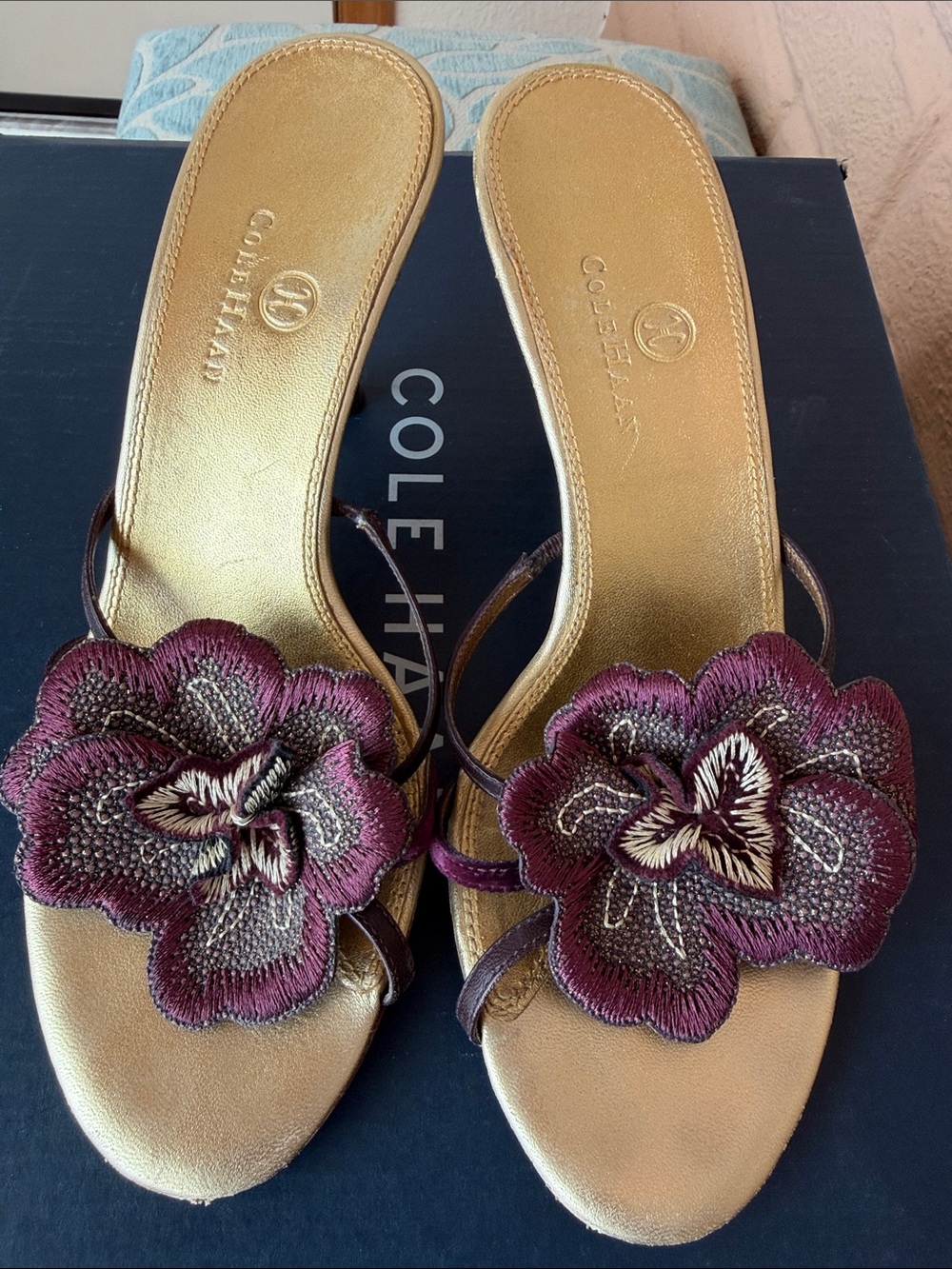Cole Haan Gold Slide Sandals with Burgundy Floral Accent